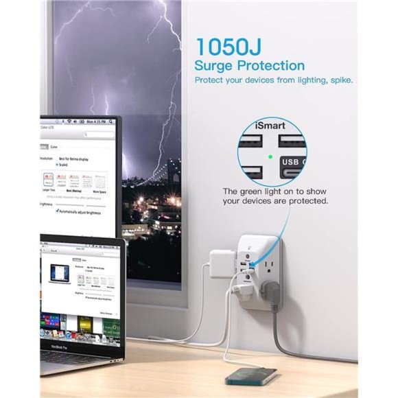 Outlet Extender with NightLight,Multi PlugOutlet,USB Wall Charger SurgeProtector - Picture 6 of 7